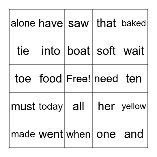Spelling Word Bingo Card
