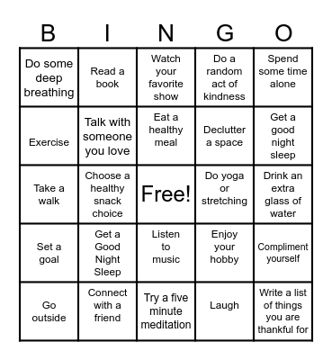 Mental Health Bingo Card