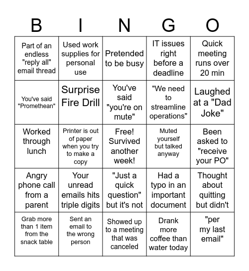 B&O Shenanigans Bingo Card