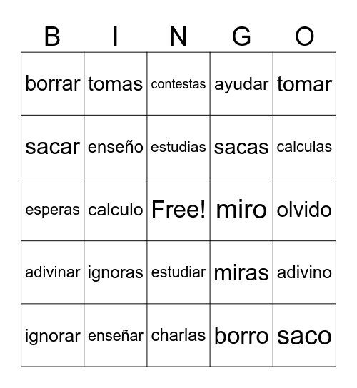 #SIC Los verbos -ar (infinitivo, yo, tú) (Listen in English find in Spanish) Bingo Card