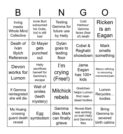 Severance S2 Finale Bingo Card