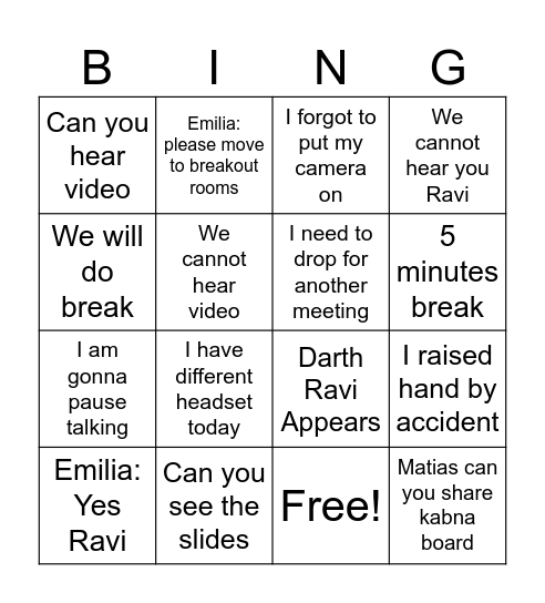 Ravi Bingo Card