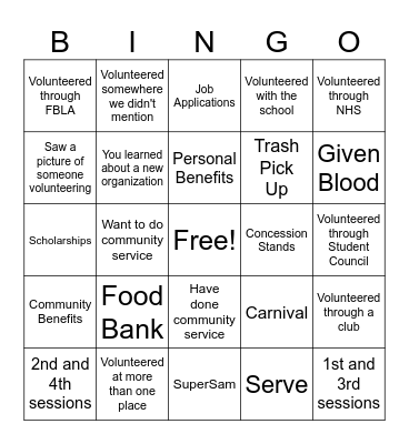 Community Service Bingo Card