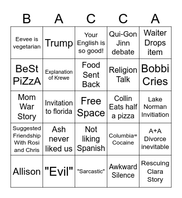 Bobbi Dad Melissa Bingo Card
