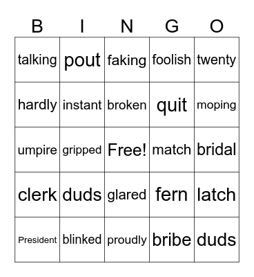 Corrective Reading B2 Words from L15 and 16 Bingo Card