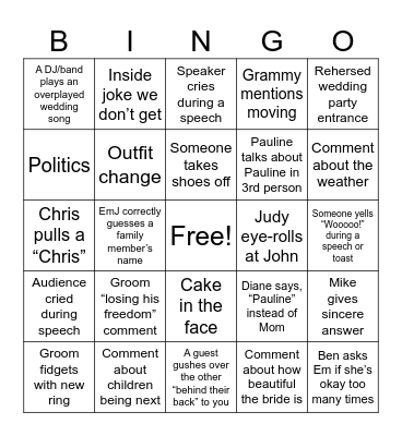 Wedding Weekend Bingo Card