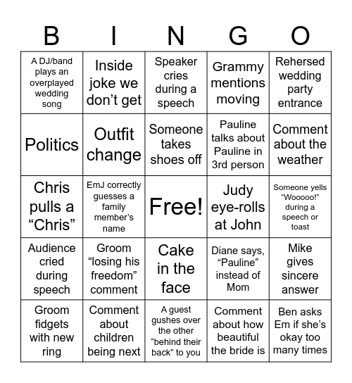 Wedding Weekend Bingo Card
