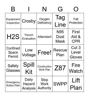 Safety Bingo Card