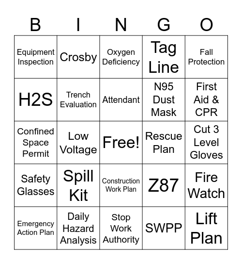 Safety Bingo Card