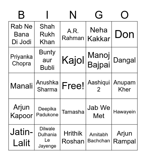 Bollywood Bingo Card