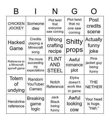 Minecraft Movie Bingo Card