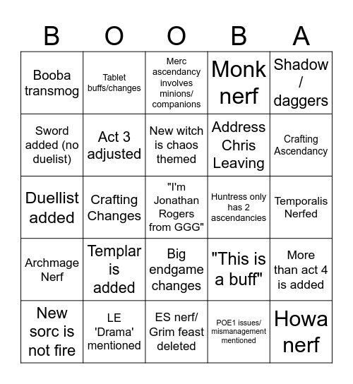 POE 0.2 Stream Bingo Card