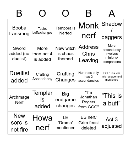 POE 0.2 Stream Bingo Card