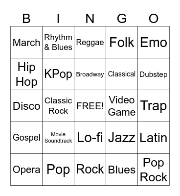 Music Genre Bingo Card
