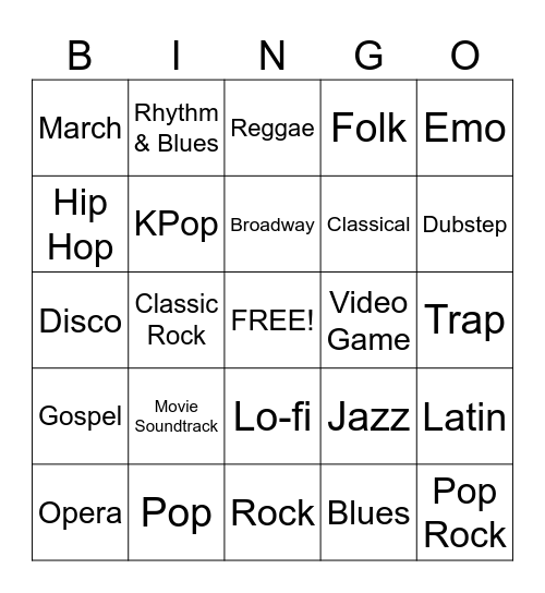 Music Genre Bingo Card