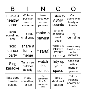 Behavioral Activation Bingo Card