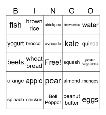 Healthy Food Bingo Card