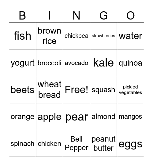 Healthy Food Bingo Card