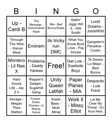 Hip Hop Songs Bingo Card