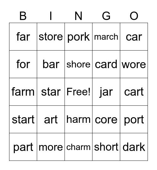 ar, or, ore Words Bingo Card