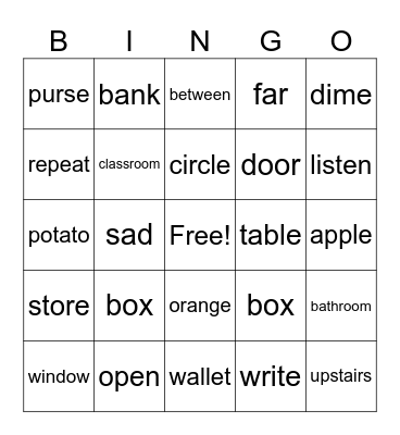 English words Bingo Card