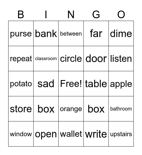 English words Bingo Card