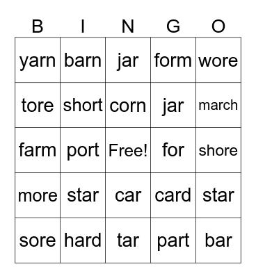 ar, or, ore Words Bingo Card