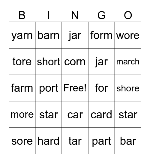 ar, or, ore Words Bingo Card