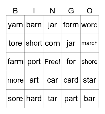 ar, or, ore Words Bingo Card