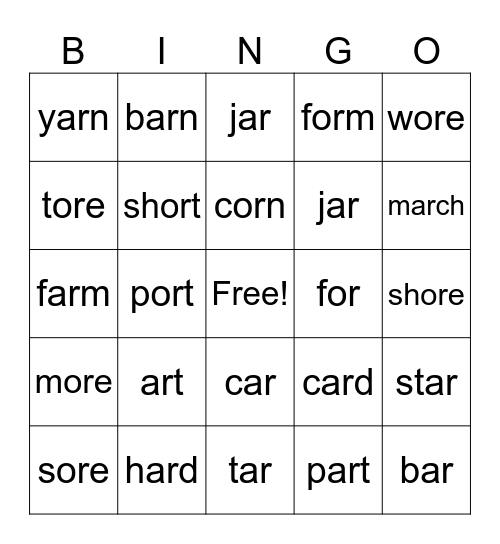 ar, or, ore Words Bingo Card