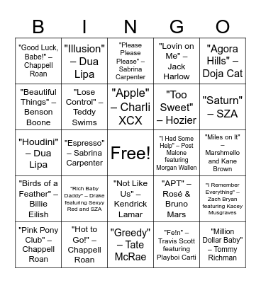 Hits of 2024 Bingo Card
