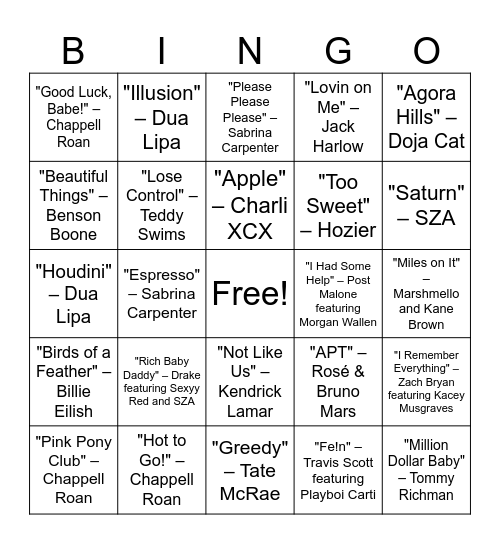 Hits of 2024 Bingo Card