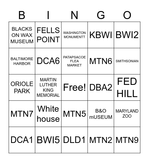 Familiar Sites Bingo Card