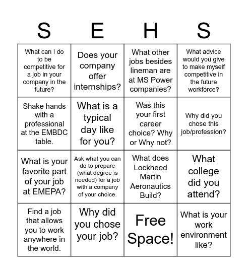 Tiger Career Fair Bingo Card