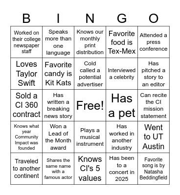 The Impact Experience Bingo Card