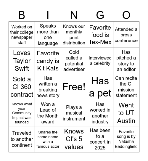 The Impact Experience Bingo Card