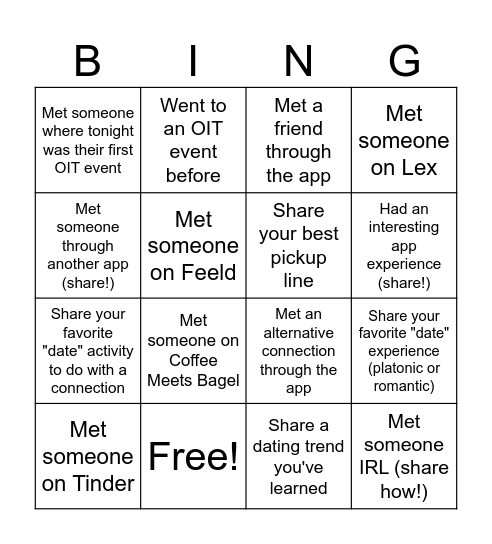 Out in Tech Technically Dating Networking Bingo Card