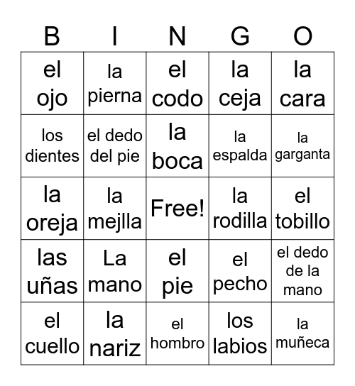 las partes del cuerpo Bingo Card