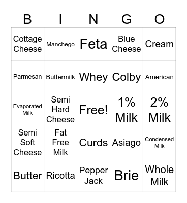 Milk Products Bingo Card