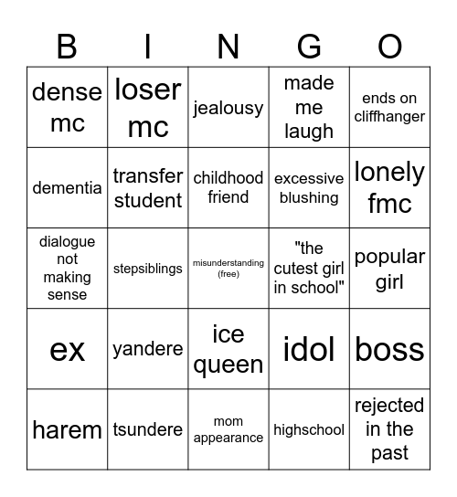manga romcom Bingo Card