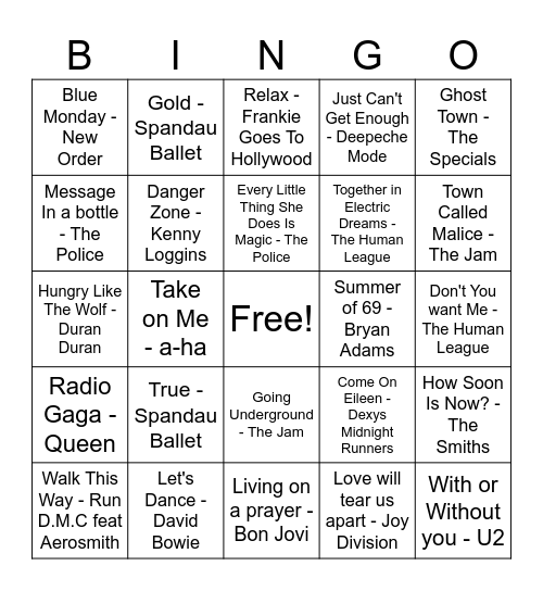 Musical Bingo 80's Bingo Card