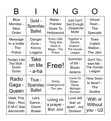 Musical Bingo 80's Bingo Card