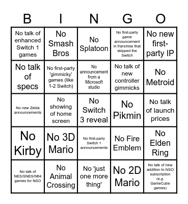 2024 Switch 2 Bingo Card Bingo Card