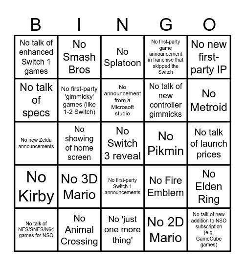 2024 Switch 2 Bingo Card Bingo Card