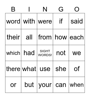Sight Words Bingo Card