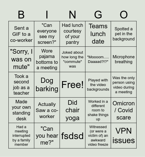 Remote Work Bingo Card