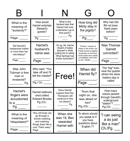Harriet Tubman, Ch. 8 & 9 BINGO (Eng. 7) Bingo Card