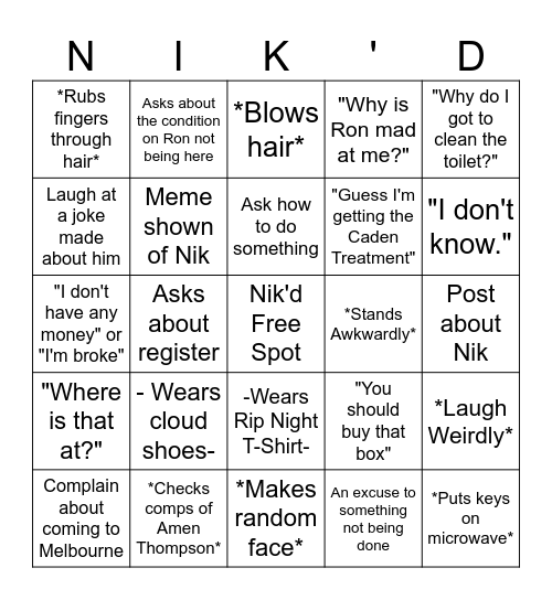 NIk'd Bingo Card