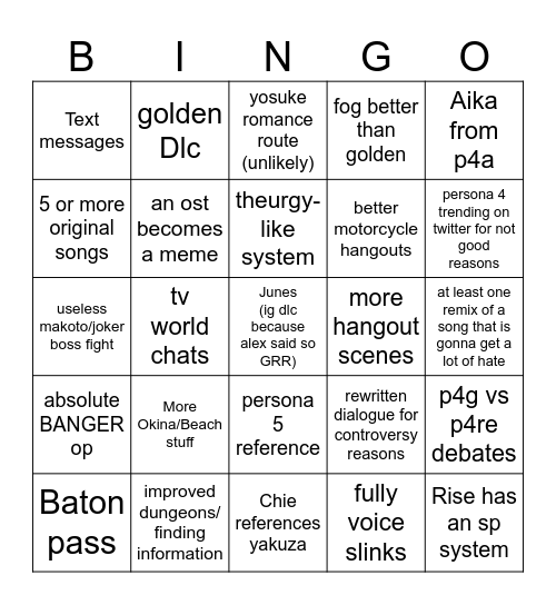 Persona 4 re Bingo Card