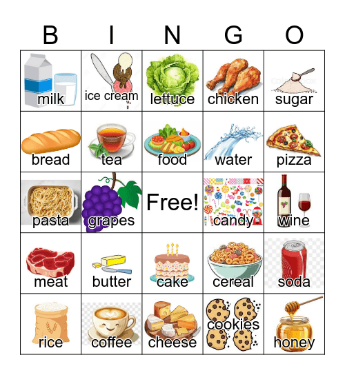 noncount and plural food names---words and images Bingo Card